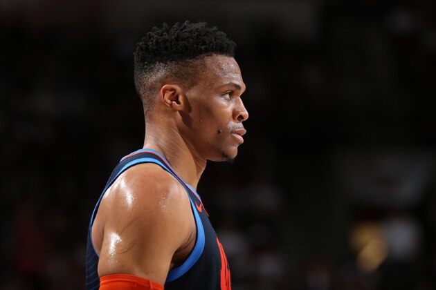 PORTLAND, OR - APRIL 23:   Russell Westbrook #0 of the Oklahoma City Thunder looks on during Game Five of Round One of the 2019 NBA Playoffs on April 23, 2019 at the Moda Center in Portland, Oregon. NOTE TO USER: User expressly acknowledges and agrees that, by downloading and or using this Photograph, user is consenting to the terms and conditions of the Getty Images License Agreement. Mandatory Copyright Notice: Copyright 2019 NBAE (Photo by Zach Beeker/NBAE via Getty Images)