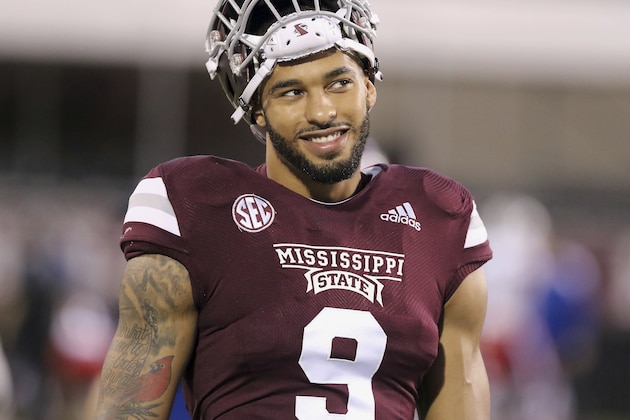 Mississippi State defensive end Montez Sweat (9) smiles while resting during warm-up drills before their NCAA college football game against Louisiana Tech on Saturday, Nov. 3, 2018, in Starkville, Miss. (AP Photo/Jim Lytle)