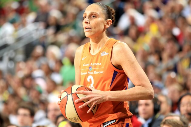 SEATTLE, WA - AUGUST 28: Diana Taurasi #3 of the Phoenix Mercury handles the ball against the Seattle Storm during Game Two of the WNBA SemiFinals at KeyArena in Seattle, Washington. NOTE TO USER: User expressly acknowledges and agrees that, by downloading and or using this Photograph, user is consenting to the terms and conditions of the Getty Images License Agreement. Mandatory Copyright Notice: Copyright 2018 NBAE (Photo by Joshua Huston/NBAE via Getty Images)