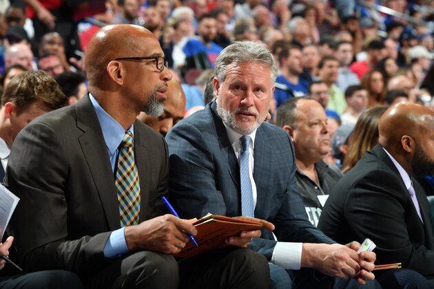 PHILADELPHIA, PA - April 23: Head Coach Brett Brown of the Philadelphia 76ers looks on during a game against the Brooklyn Nets during Round One Game Five of the 2019 NBA Playoffs on April 23, 2019 at the Wells Fargo Center in Philadelphia, Pennsylvania NOTE TO USER: User expressly acknowledges and agrees that, by downloading and/or using this Photograph, user is consenting to the terms and conditions of the Getty Images License Agreement. Mandatory Copyright Notice: Copyright 2019 NBAE (Photo by Jesse D. Garrabrant/NBAE via Getty Images)