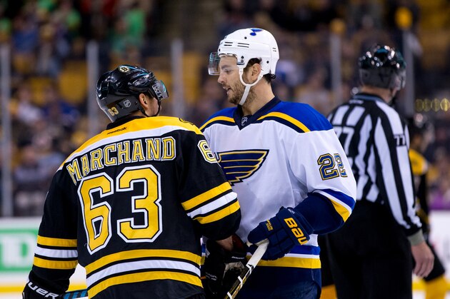 BOSTON, MA - NOVEMBER 22: Kevin Shattenkirk #22 of the St. Louis Blues has words with Brad Marchand #63 of the Boston Bruins during the third period at TD Garden on November 22, 2016 in Boston, Massachusetts. The Blues won 4-2. (Photo by Rich Gagnon/Getty Images)