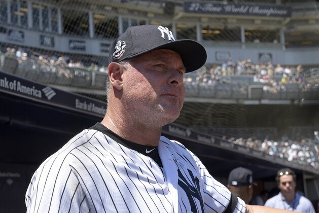 New York Yankees' Jason Giambi waits to be introduced at the Yankees Old Timers' Day baseball game Sunday, June 17, 2018, at Yankee Stadium in New York. (AP Photo/Bill Kostroun)