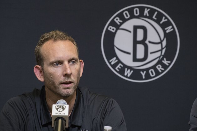 Brooklyn Nets NBA basketball team general manager Sean Marks speaks to reporters during a news conference to introduce the team's draft picks, Friday, June 22, 2018, in New York. (AP Photo/Mary Altaffer)