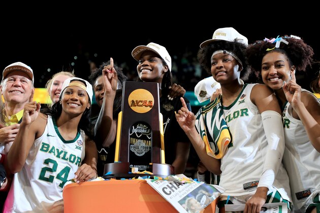 TAMPA, FLORIDA - APRIL 07: Chloe Jackson #24, Kalani Brown #21, NaLyssa Smith #1 and DiDi Richards #2 of Baylor Lady Bears celebrate with the NCAA trophy after their teams 82-81 win over the Notre Dame Fighting Irish to win the championship game of the 2019 NCAA Women's Final Four at Amalie Arena on April 07, 2019 in Tampa, Florida. (Photo by Mike Ehrmann/Getty Images) TAMPA, FLORIDA - APRIL 07: Chloe Jackson #24, Kalani Brown #21, NaLyssa Smith #1 and DiDi Richards #2 of Baylor Lady Bears celebrate with the NCAA trophy after their teams 82-81 win over the Notre Dame Fighting Irish to win the championship game of the 2019 NCAA Women's Final Four at Amalie Arena on April 07, 2019 in Tampa, Florida. (Photo by Mike Ehrmann/Getty Images)