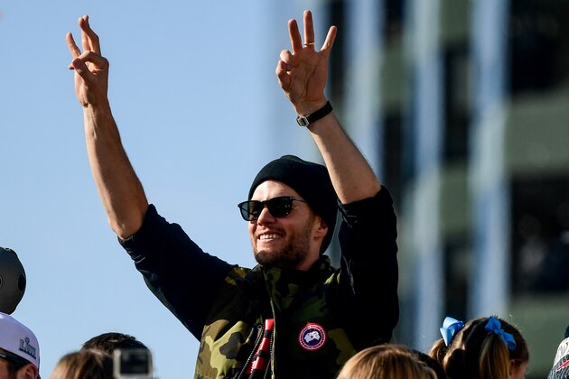 BOSTON, MASSACHUSETTS - FEBRUARY 05: Tom Brady #12 of the New England Patriots reacts during the Super Bowl Victory Parade on February 05, 2019 in Boston, Massachusetts. (Photo by Billie Weiss/Getty Images)