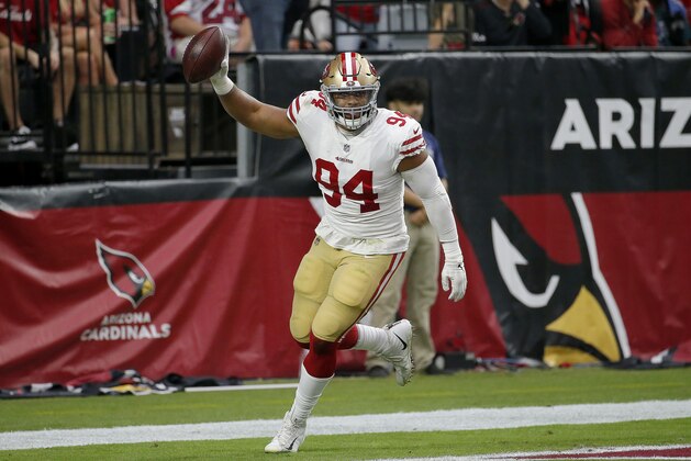 San Francisco 49ers defensive end Solomon Thomas (94) celebrates recovering the football in the end zone for a safety against the Arizona Cardinals during the first half of an NFL football game, Sunday, Oct. 28, 2018, in Glendale, Ariz. (AP Photo/Rick Scuteri) San Francisco 49ers defensive end Solomon Thomas (94) celebrates recovering the football in the end zone for a safety against the Arizona Cardinals during the first half of an NFL football game, Sunday, Oct. 28, 2018, in Glendale, Ariz. (AP Photo/Rick Scuteri)