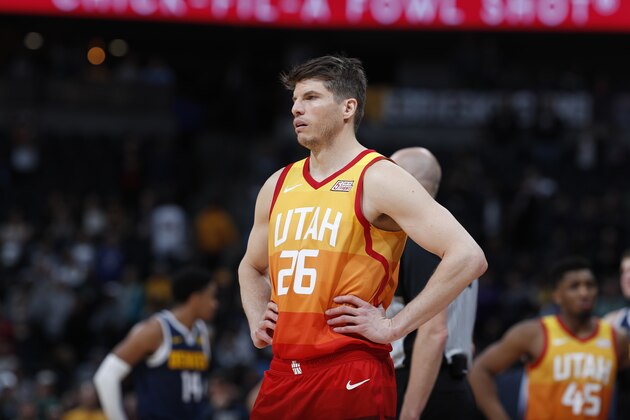 Utah Jazz guard Kyle Korver (26) in the second half of an NBA basketball game Thursday, Feb. 28, 2019, in Denver. The Jazz won 111-104. (AP Photo/David Zalubowski)