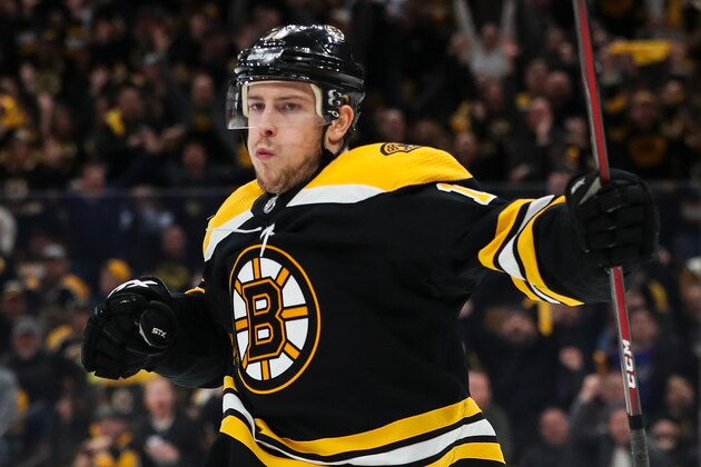 BOSTON, MA - APRIL 25:   Charlie Coyle #13 of the Boston Bruins reacts after scoring a goal in the third period of a game against the Columbus Blue Jackets in Game One of the Eastern Conference Second Round during the 2019 NHL Stanley Cup Playoffs at TD Garden on April 25, 2019 in Boston, Massachusetts. (Photo by Adam Glanzman/Getty Images)