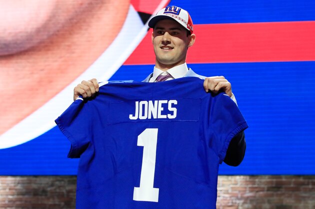 NASHVILLE, TENNESSEE - APRIL 25: Daniel Jones of Duke reacts after being chosen #6 overall by the New York Giants during the first round of the 2019 NFL Draft on April 25, 2019 in Nashville, Tennessee. (Photo by Andy Lyons/Getty Images)