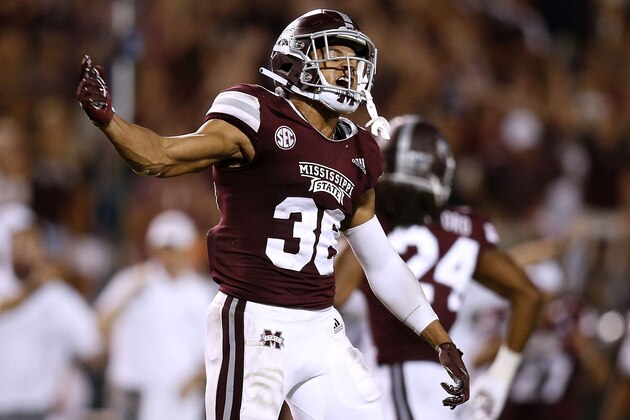 STARKVILLE, MS - OCTOBER 06: Johnathan Abram #38 of the Mississippi State Bulldogs celebrates during the second half against the Auburn Tigers at Davis Wade Stadium on October 6, 2018 in Starkville, Mississippi.  (Photo by Jonathan Bachman/Getty Images)