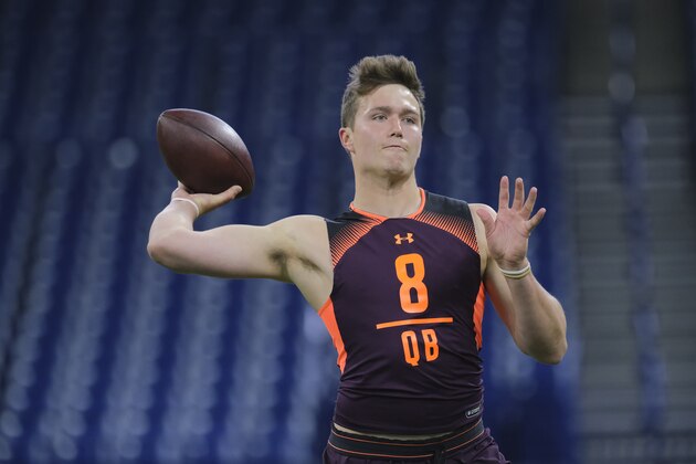 FILE - In this Feb. 28, 2019, file photo, Missouri quarterback Drew Lock throws at the NFL football scouting combine in Indianapolis. Lock is a possible pick in the 2019 NFL Draft. (AP Photo/AJ Mast, File)