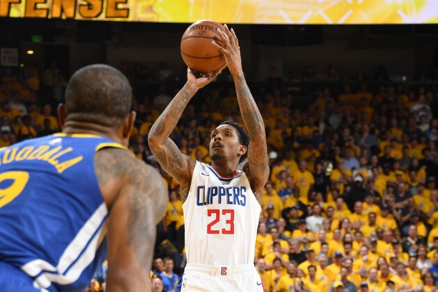 OAKLAND, CA - APRIL 24: Lou Williams #23 of the LA Clippers shoots the ball against the Golden State Warriors  during Game Five of Round One of the 2019 NBA Playoffs on April 24, 2019 at ORACLE Arena in Oakland, California. NOTE TO USER: User expressly acknowledges and agrees that, by downloading and or using this photograph, user is consenting to the terms and conditions of Getty Images License Agreement. Mandatory Copyright Notice: Copyright 2019 NBAE (Photo by Andrew D. Bernstein/NBAE via Getty Images)