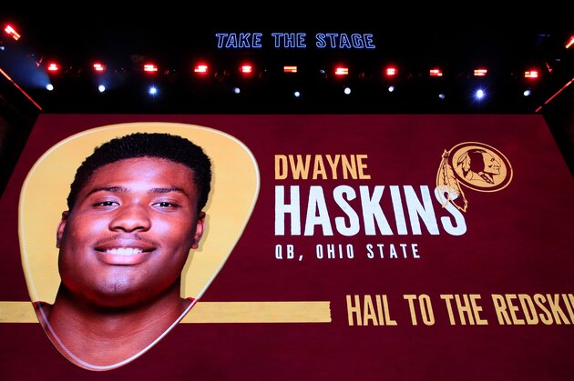 NASHVILLE, TENNESSEE - APRIL 25:  A video board displays an image of Dwayne Haskins of Ohio State after he was chosen #15 overall by the Washington Redskins during the first round of the 2019 NFL Draft on April 25, 2019 in Nashville, Tennessee. (Photo by Andy Lyons/Getty Images)