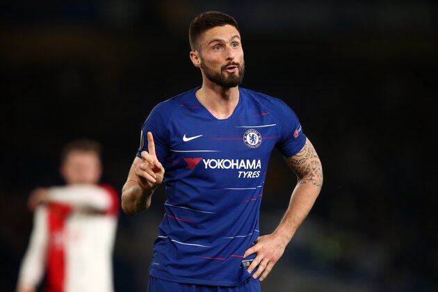LONDON, ENGLAND - APRIL 18:  Olivier Giroud of Chelsea during the UEFA Europa League Quarter Final Second Leg match between Chelsea and Slavia Praha at Stamford Bridge on April 18, 2019 in London, England. (Photo by Marc Atkins/Getty Images)