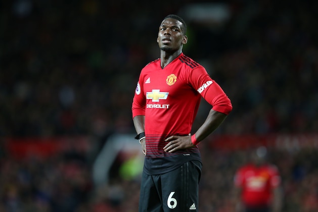 MANCHESTER, ENGLAND - APRIL 24:  Paul Pogba of Manchester United looks on during the Premier League match between Manchester United and Manchester City at Old Trafford on April 24, 2019 in Manchester, United Kingdom. (Photo by Alex Livesey - Danehouse/Getty Images )