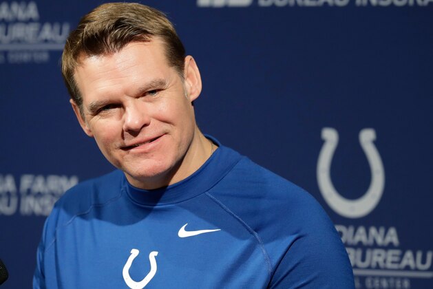 FILE - In this April 20, 2018, file photo, Indianapolis Colts general manager Chris Ballard listens to a question during a press conference at the NFL team's practice facility in Indianapolis. The Indianapolis Colts spent their offseason cramming for Sunday’s test. They understood that to ascend in the AFC South, they needed a bigger, stronger offensive line, better coaching and different study habits. So far, they’ve aced it. Ballard found two starters in the draft, left guard Quenton Nelson in the first round and right tackle Braden Smith in the second. (AP Photo/Darron Cummings, File)