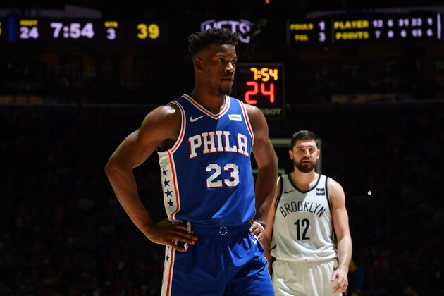 PHILADELPHIA, PA - April 23: Jimmy Butler #23 of the Philadelphia 76ers looks on during a game against the Brooklyn Nets during Round One Game Five of the 2019 NBA Playoffs on April 23, 2019 at the Wells Fargo Center in Philadelphia, Pennsylvania NOTE TO USER: User expressly acknowledges and agrees that, by downloading and/or using this Photograph, user is consenting to the terms and conditions of the Getty Images License Agreement. Mandatory Copyright Notice: Copyright 2019 NBAE (Photo by Jesse D. Garrabrant/NBAE via Getty Images)