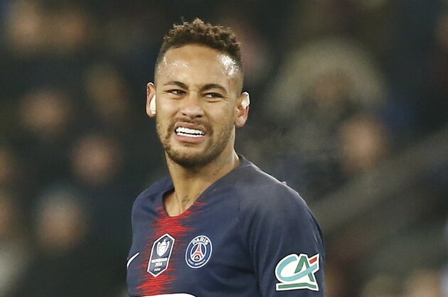 FILE - In this Wednesday, Jan. 23, 2019 file photo, PSG's Neymar reacts after he missed a goal opportunity during the French Cup soccer match between Paris Saint Germain and Strasbourg at the Parc des Princes stadium in Paris. Neymar will need further tests next week to determine how best to treat his latest right foot injury, sustained in a French Cup game against Strasbourg last Tuesday Jan. 15, 2019, and to assess how long he will be out for. (AP Photo/Michel Euler, File)