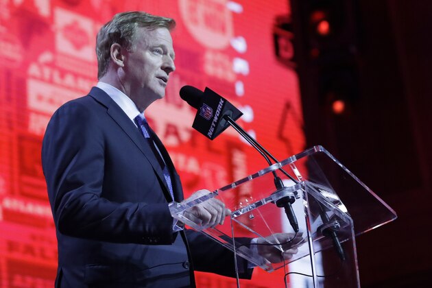 NFL Commissioner Roger Goodell announces that the Atlanta Falcons selected Boston College guard Chris Lindstrom during the first round at the NFL football draft, Thursday, April 25, 2019, in Nashville, Tenn. (AP Photo/Mark Humphrey)