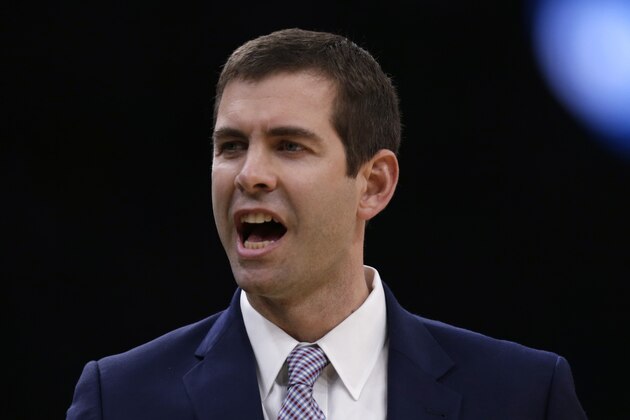 Boston Celtics head coach Brad Stevens calls to his bench during the second quarter of Game 2 of an NBA basketball first-round playoff series against the Indiana Pacers, Wednesday, April 17, 2019, in Boston. (AP Photo/Charles Krupa)