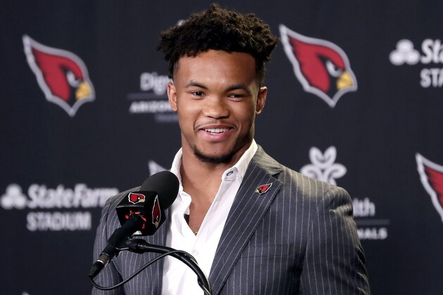 Arizona Cardinals NFL football quarterback Kyler Murray speaks to the media, Friday, April 26, 2019, at the Cardinals' practice facility in Tempe, Ariz. Murray was the first overall pick in the 2019 NFL Football draft. (AP Photo/Matt York)