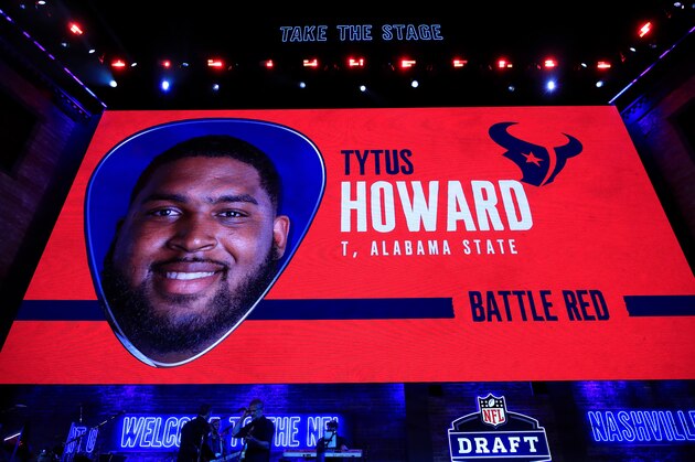 NASHVILLE, TENNESSEE - APRIL 25:  A video board displays an image of Tytus Howard of Alabama State after he was chosen #23 overall by the Houston Texans during the first round of the 2019 NFL Draft on April 25, 2019 in Nashville, Tennessee. (Photo by Andy Lyons/Getty Images)