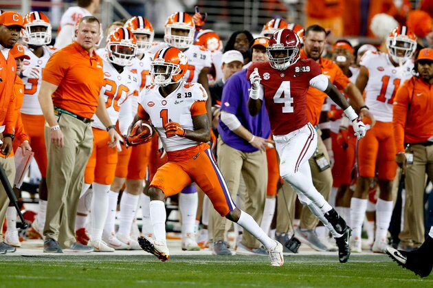 SANTA CLARA, CA - JANUARY 07: Trayvon Mullen #1 of the Clemson Tigers returns an interception 46-yards against the Alabama Crimson Tide in the CFP National Championship presented by AT&T at Levi's Stadium on January 7, 2019 in Santa Clara, California (Photo by Michael Zagaris/Getty Images)