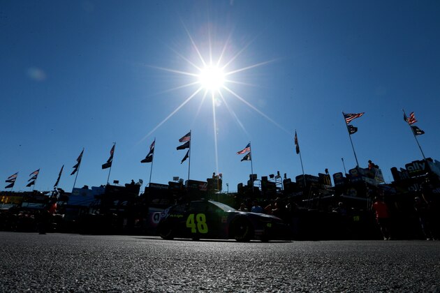 TALLADEGA, AL - APRIL 26:  Jimmie Johnson, driver of the #48 Ally Chevrolet, drives through the garage area during practice for the Monster Energy NASCAR Cup Series GEICO 500 at Talladega Superspeedway on April 26, 2019 in Talladega, Alabama.  (Photo by Sean Gardner/Getty Images)