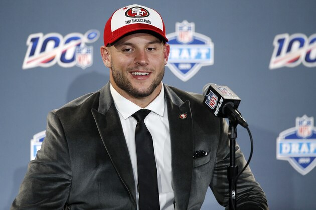 NASHVILLE, TN - APRIL 25: Nick Bosa of Ohio State speaks to the media after being selected as the second pick in the first round of the NFL Draft by the San Francisco 49ers on April 25, 2019 in Nashville, Tennessee. (Photo by Joe Robbins/Getty Images)