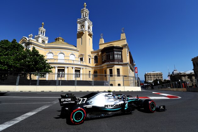 BAKU, AZERBAIJAN - APRIL 27: Valtteri Bottas driving the (77) Mercedes AMG Petronas F1 Team Mercedes W10 on track during final practice for the F1 Grand Prix of Azerbaijan at Baku City Circuit on April 27, 2019 in Baku, Azerbaijan. (Photo by Mark Thompson/Getty Images)