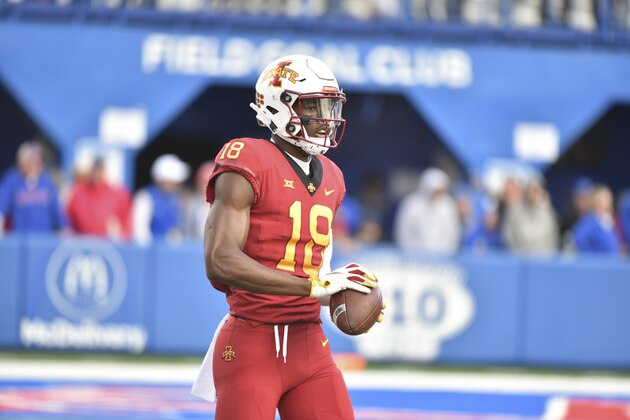 LAWRENCE, KS - NOVEMBER 3: Wide receiver Hakeem Butler #18 of the Iowa State Cyclones warms up prior to a game against the Kansas Jayhawks at Memorial Stadium on November 3, 2018 in Lawrence, Kansas. (Photo by Ed Zurga/Getty Images)