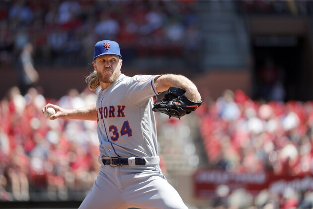 New York Mets starting pitcher Noah Syndergaard throws during the first inning of a baseball game against the St. Louis Cardinals Sunday, April 21, 2019, in St. Louis. (AP Photo/Jeff Roberson)