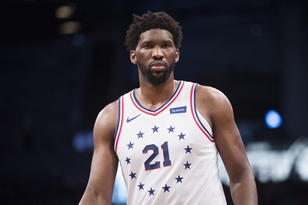 Philadelphia 76ers center Joel Embiid during a break in action in the first half of of Game 4 of a first-round NBA basketball playoff series against the Brooklyn Nets, Saturday, April 20, 2019, in New York. (AP Photo/Mary Altaffer)
