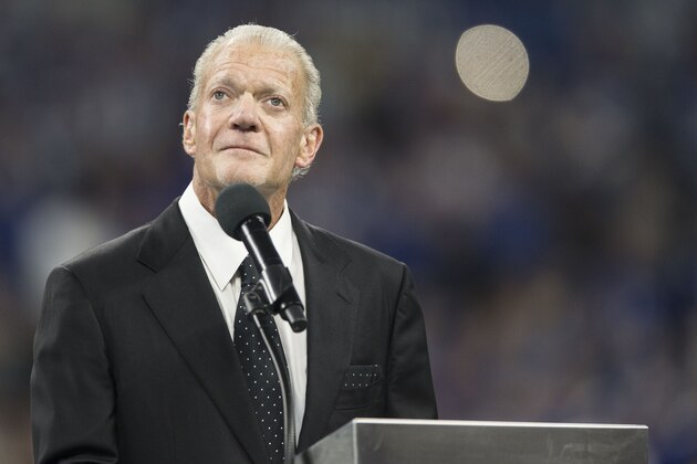 Indianapolis Colts owner Jim Irsay presides as former Indianapolis Colts wide receiver Reggie Wayne is inducted during a Colts Ring of Honor ceremony during the halftime of an NFL football game between the Indianapolis Colts and the Tennessee Titans, Sunday, Nov. 18, 2018, in Indianapolis. (AP Photo/AJ Mast)