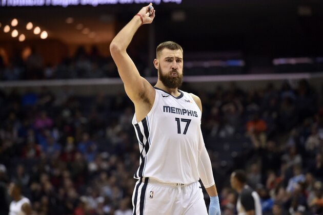 Memphis Grizzlies center Jonas Valanciunas (17) reacts in the second half of an NBA basketball game against the Oklahoma City Thunder Monday, March 25, 2019, in Memphis, Tenn. (AP Photo/Brandon Dill)