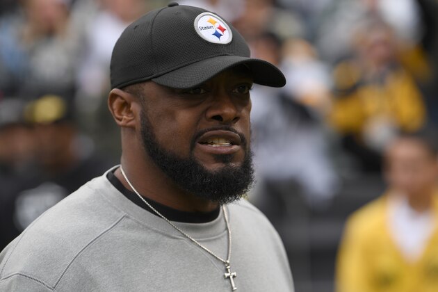OAKLAND, CA - DECEMBER 09:  Head coach Mike Tomlin of the Pittsburgh Steelers looks on while his team warms up prior to the start of an NFL football game against the Oakland Raiders at Oakland-Alameda County Coliseum on December 9, 2018 in Oakland, California.  (Photo by Thearon W. Henderson/Getty Images)