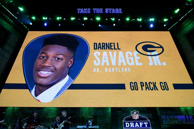 NASHVILLE, TENNESSEE - APRIL 25:  A video board displays an image of Darnell Savage Jr. after he was chosen #21 overall by the Green Bay Packers during the first round of the 2019 NFL Draft on April 25, 2019 in Nashville, Tennessee. (Photo by Andy Lyons/Getty Images)