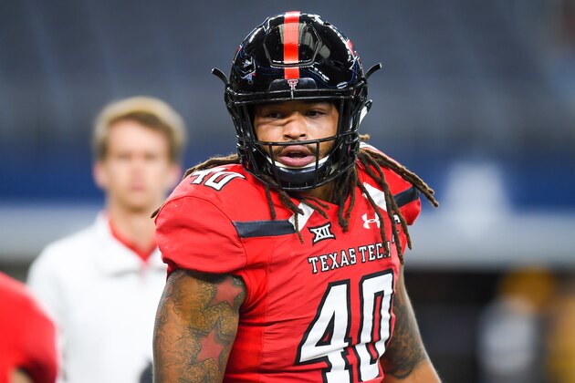 LUBBOCK, TX - NOVEMBER 24: Linebacker Dakota Allen #40 of the Texas Tech Red Raiders on the field before the game before the game against the Baylor Bears on November 24, 2018 at  AT&T Stadium in Arlington, Texas. Baylor defeated Texas Tech 35-24. (Photo by John Weast/Getty Images)