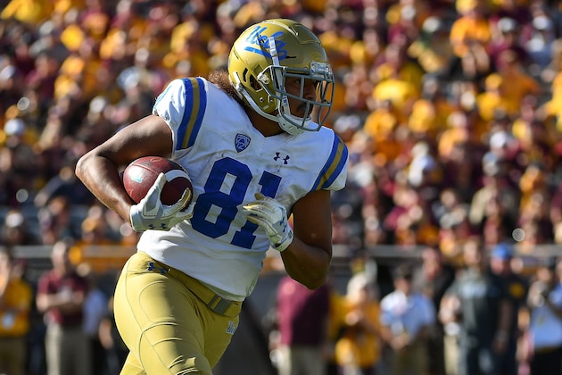 TEMPE, AZ - NOVEMBER 10:  Tight end Caleb Wilson #81 of the UCLA Bruins carries the football for a 33 yard touchdown in the second half against the Arizona State Sun Devils at Sun Devil Stadium on November 10, 2018 in Tempe, Arizona. The Arizona State Sun Devils won 31-28. (Photo by Jennifer Stewart/Getty Images)