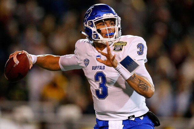 MOBILE, ALABAMA - DECEMBER 22: Tyree Jackson #3 of the Buffalo Bulls throws the ball during the first half of the Dollar General Bowl against the Troy Trojans on December 22, 2018 in Mobile, Alabama. (Photo by Jonathan Bachman/Getty Images)