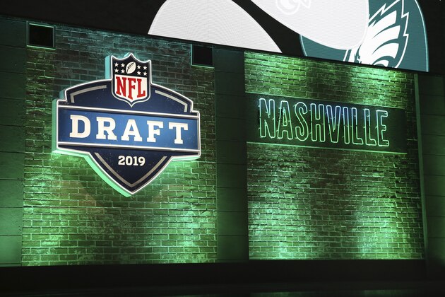 A general view of the NFL Draft logo on the main stage during the second round of the NFL football draft, Friday, April 26, 2019, in Nashville, Tenn. (AP Photo/Steve Luciano)