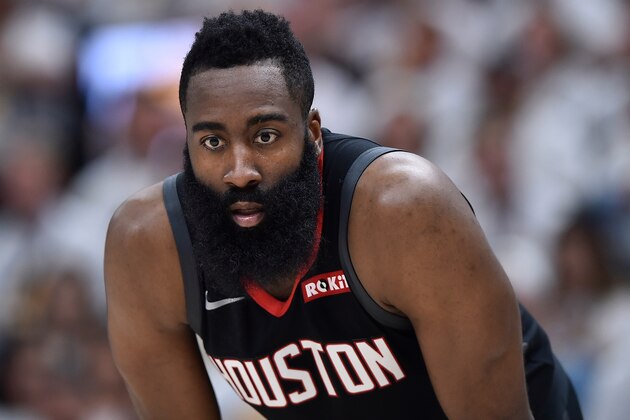 SALT LAKE CITY, UT - APRIL 22: James Harden #13 of the Houston Rockets looks on against the Utah Jazz in Game Four during the first round of the 2019 NBA Western Conference Playoffs at Vivint Smart Home Arena on April 22, 2019 in Salt Lake City, Utah. NOTE TO USER: User expressly acknowledges and agrees that, by downloading and or using this photograph, User is consenting to the terms and conditions of the Getty Images License Agreement. (Photo by Gene Sweeney Jr./Getty Images)