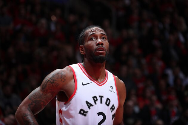 TORONTO, CANADA - APRIL 23: Kawhi Leonard #2 of the Toronto Raptors looks on against the Orlando Magic during Game Five of Round One of the 2019 NBA Playoffs on April 23, 2019 at the Scotiabank Arena in Toronto, Ontario, Canada.  NOTE TO USER: User expressly acknowledges and agrees that, by downloading and or using this Photograph, user is consenting to the terms and conditions of the Getty Images License Agreement.  Mandatory Copyright Notice: Copyright 2019 NBAE (Photo by Nathaniel S. Butler/NBAE via Getty Images)