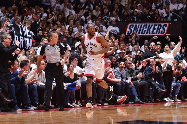 TORONTO, CANADA - APRIL 27: Kawhi Leonard #2 of the Toronto Raptors looks on against the Philadelphia 76ers during Game One of the Eastern Conference Semi-Finals of the 2019 NBA Playoffs on April 27, 2019 at the Scotiabank Arena in Toronto, Ontario, Canada.  NOTE TO USER: User expressly acknowledges and agrees that, by downloading and or using this Photograph, user is consenting to the terms and conditions of the Getty Images License Agreement.  Mandatory Copyright Notice: Copyright 2019 NBAE (Photo by Jesse D. Garrabrant/NBAE via Getty Images)