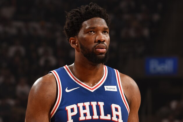 TORONTO, CANADA - APRIL 27: Joel Embiid #21 of the Philadelphia 76ers looks on against the Toronto Raptors during Game One of the Eastern Conference Semi-Finals of the 2019 NBA Playoffs on April 27, 2019 at the Scotiabank Arena in Toronto, Ontario, Canada.  NOTE TO USER: User expressly acknowledges and agrees that, by downloading and or using this Photograph, user is consenting to the terms and conditions of the Getty Images License Agreement.  Mandatory Copyright Notice: Copyright 2019 NBAE (Photo by Ron Turenne/NBAE via Getty Images)