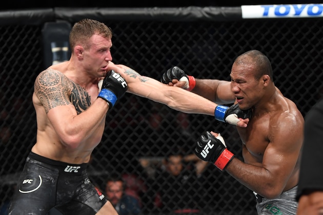 SUNRISE, FL - APRIL 27:  (L-R) Jack Hermansson of Sweden punches Jacare Souza of Brazil in their middleweight bout during the UFC Fight Night event at BB&T Center on April 27, 2019 in Sunrise, Florida. (Photo by Jeff Bottari/Zuffa LLC/Zuffa LLC via Getty Images)