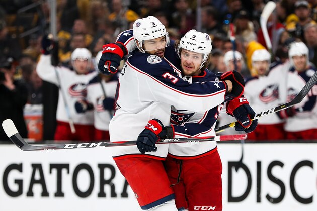 BOSTON, MA - APRIL 27:   Artemi Panarin #9 of the Columbus Blue Jackets reacts after scoring in the second period in Game Two of the Eastern Conference Second Round against the Boston Bruins during the 2019 NHL Stanley Cup Playoffs at TD Garden on April 27, 2019 in Boston, Massachusetts. (Photo by Adam Glanzman/Getty Images)