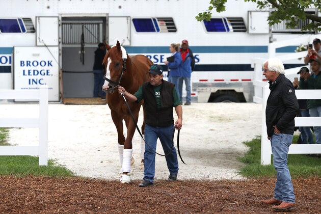 BALTIMORE, MD - MAY 16: Trainer Bob Baffert looks on as Kentucky Derby winner Justify is walked off the van after arriving at Pimlico Race Course for the upcoming Preakness Stakes on May 16, 2018 in Baltimore, Maryland. (Photo by Rob Carr/Getty Images)