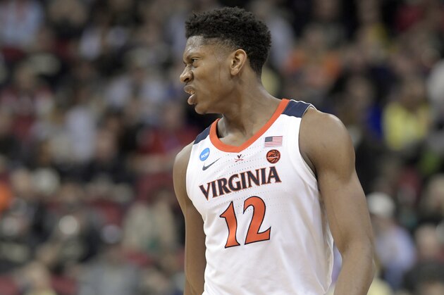 Virginia's De'Andre Hunter is seen during the second half of the men's NCAA Tournament college basketball South Regional final game against Purdue, Saturday, March 30, 2019, in Louisville, Ky. (AP Photo/Timothy D. Easley)