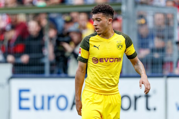 FREIBURG IM BREISGAU, GERMANY - APRIL 21: Jadon Sancho of Borussia Dortmund looks on during the Bundesliga match between Sport-Club Freiburg and Borussia Dortmund at Schwarzwald-Stadion on April 21, 2019 in Freiburg im Breisgau, Germany. (Photo by TF-Images/Getty Images)